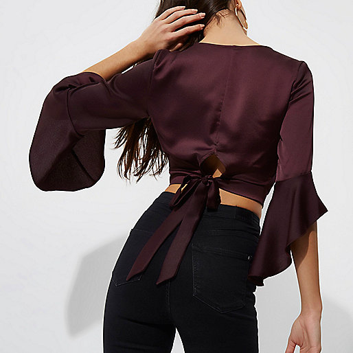 sandals for women river island,jacques-vertuk Women Uk Dark red satin wrap frill sleeve crop top Tops Sale women