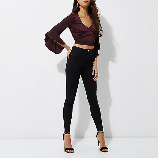 black patent boots river island,jacques-vertuk Sale Dark red satin wrap frill sleeve crop top women 705186