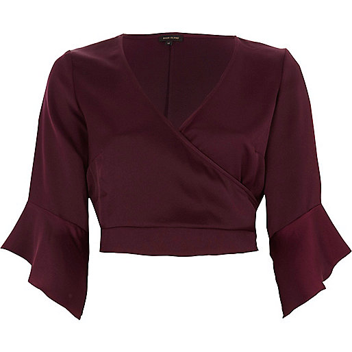 jacques-vertuk Dark red satin wrap frill sleeve crop top 705186 women Tops