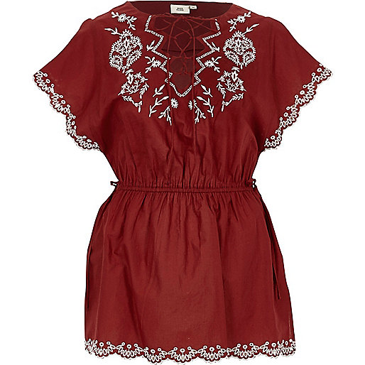 jacques-vertuk Dark red tie front embroidered top 702786 women Tops