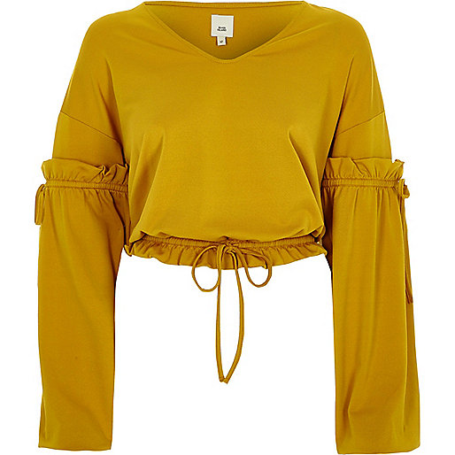 jacques-vertuk Dark yellow drawstring V neck top 706610 women Tops Blouses