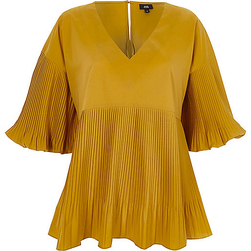 jacques-vertuk Dark yellow pleated V neck puff sleeve top 705353 women Tops Blouses