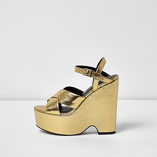 jacques-vertuk Gold cross strappy platform wedges 693025 women Shoes / Boots