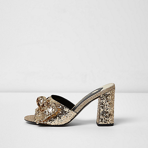 www riverisland com sale,jacques-vertuk Online Gold glitter bow block heel mules women 703391