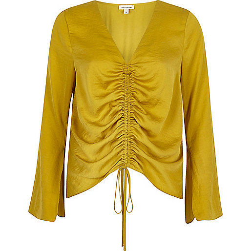 river island matching outfits,jacques-vertuk Sale Gold ruched front split sleeve blouse women 701814