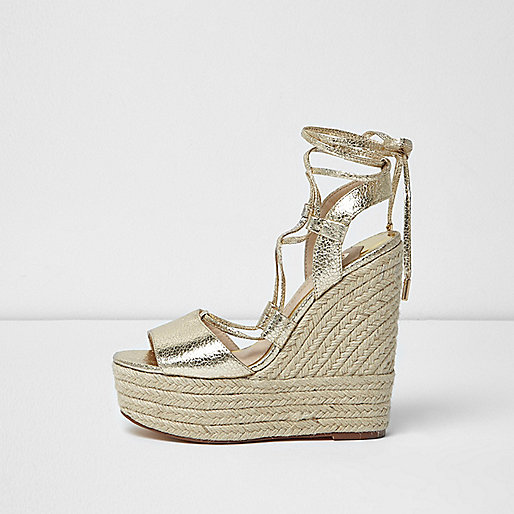 jacques-vertuk Gold tie up espadrille platform wedges 698615 women Shoes / Boots Sandals