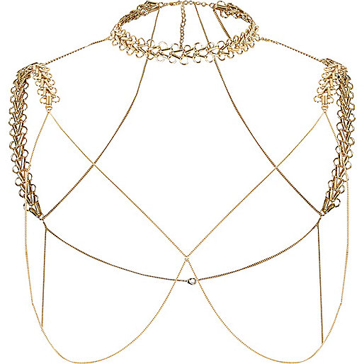 jacques-vertuk Gold tone chain shoulder and choker harness 701061 women Jewellery Body Jewellery & Harnesses