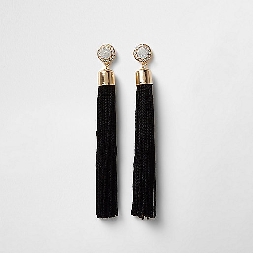 jacques-vertuk Gold tone rhinestone black tassel drop earrings 701789 women Jewellery Earrings