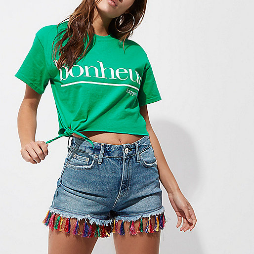 river island shop near me,jacques-vertuk Stores Green  bonheur  cropped knot front T-shirt women 709441