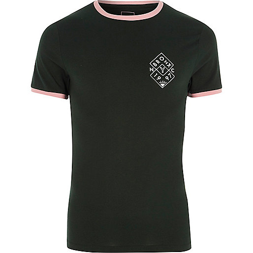 river island black ri monogram bag,jacques-vertuk South Africa Green Bronx print muscle fit ringer T-shirt men 302774