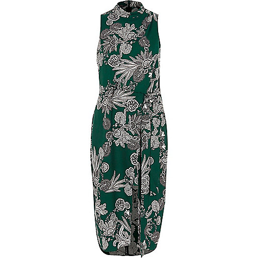 jacques-vertuk Green floral print high neck midi dress 708554 women Dresses Swing Dresses