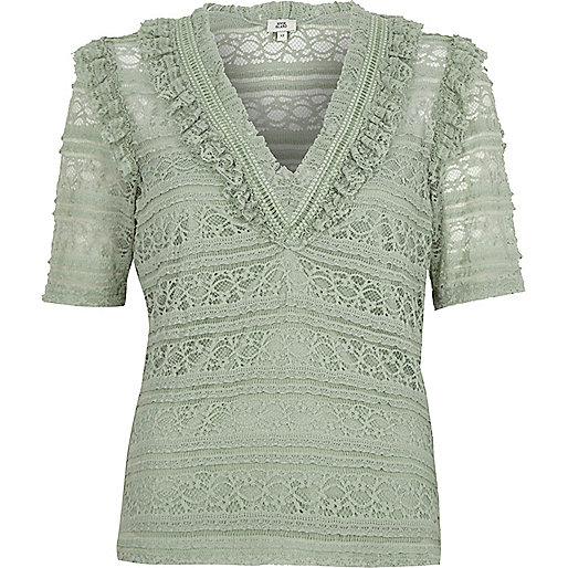 jacques-vertuk Green lace V neck fitted top 707365 women Tops Blouses