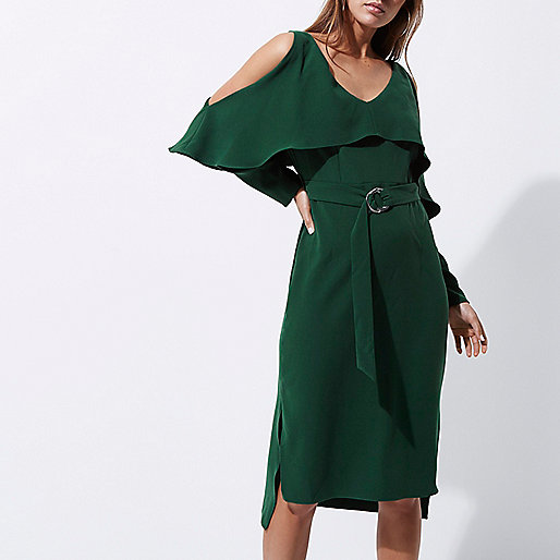 bags like river island,jacques-vertuk Dresses New Green long sleeve cold shoulder belted dress Dresses Sale women