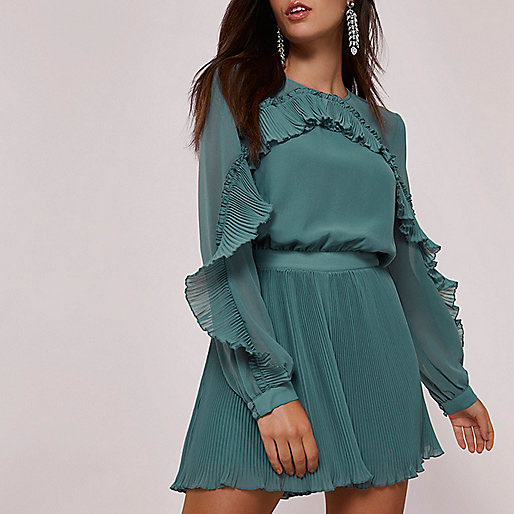 river island hoodie dress,jacques-vertuk Womenswear Green long sleeve pleated frill romper Rompers Rompers / Jumpsuits women