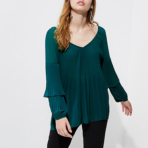 river island christmas party dresses,jacques-vertuk Find Product In Store Green plisse long frill sleeve top Blouses Tops women