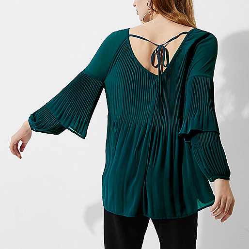 river island christmas party dresses,jacques-vertuk Find Product In Store Green plisse long frill sleeve top Blouses Tops women