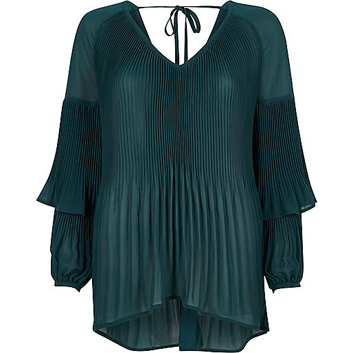 river island christmas party dresses,jacques-vertuk Find Product In Store Green plisse long frill sleeve top Blouses Tops women