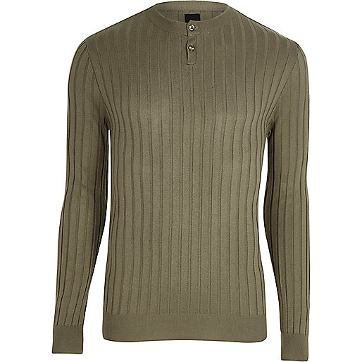 jacques-vertuk Green rib knit long sleeve grandad top 303304 men T-Shirts / Vests Long Sleeve T-Shirts