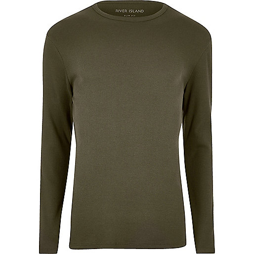 river island studio,jacques-vertuk Online Kopen Green ribbed slim fit long sleeve T-shirt Long Sleeve T-Shirts T-Shirts / Tanks men