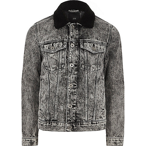 jacques-vertuk Grey acid wash fleece collar denim jacket 302565 men Coats / Jackets Jackets