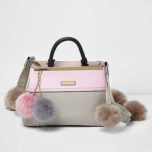 black leather river island bag,jacques-vertuk Ireland Grey and pink pom pom mini tote bag women 704624