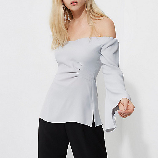 river island evening tops,jacques-vertuk Sale Grey bardot long flared sleeve ruched top women 708944