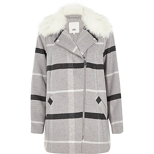 jacques-vertuk Grey check faux fur collar biker coat 701976 women Coats / Jackets Coats