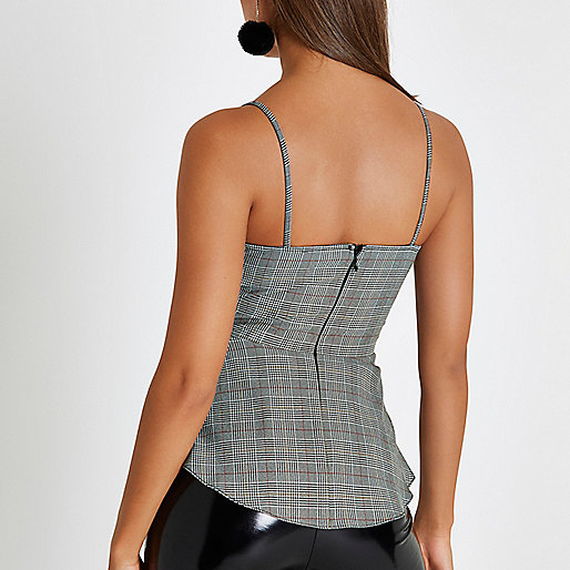 river island st stephens,jacques-vertuk Outlet Grey check lace-up frill hem cami top women 706943