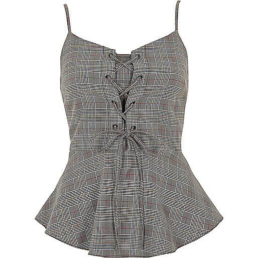 jacques-vertuk Grey check lace-up frill hem cami top 706943 women Tops Cami / Sleeveless Tops