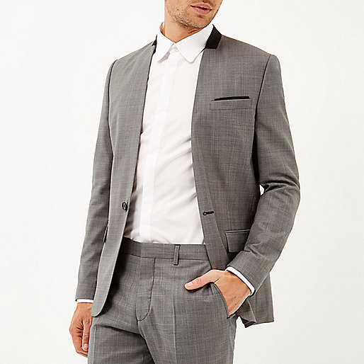 christmas sale river island,jacques-vertuk Online Grey collarless wool-blend slim suit jacket men 284977