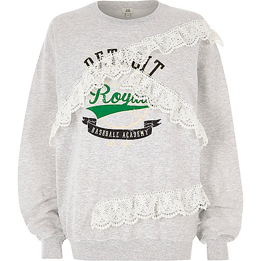 jacques-vertuk Grey 'detroit' print lace trims sweatshirt 710505 women Tops Hoodies / Sweatshirts