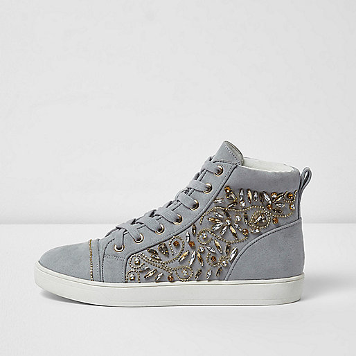 jacques-vertuk Grey embellished hi top lace-up sneakers 702394 women Shoes / Boots Plimsolls / Trainers