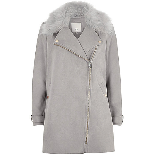 river island smock,jacques-vertuk Shop Grey faux fur collar swing coat women 702165