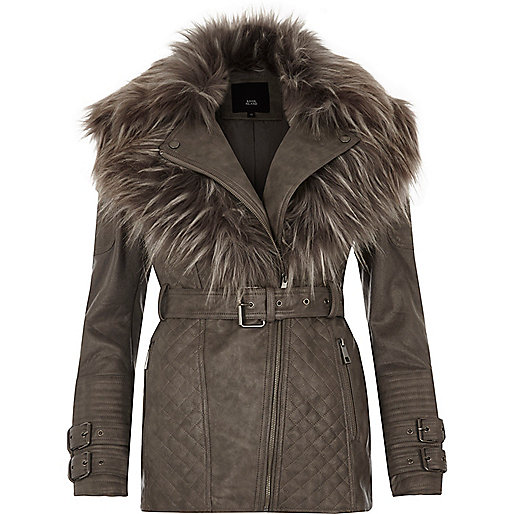 river island leopard maxi dress,Buy jacques-vertuk Clothes Online Grey faux fur trim belted biker coat Jackets Coats / Jackets women