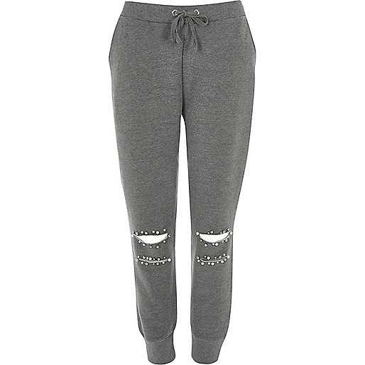 river island amelie,jacques-vertuk Dresses Uk Grey faux pearl ripped knee joggers Joggers Pants women