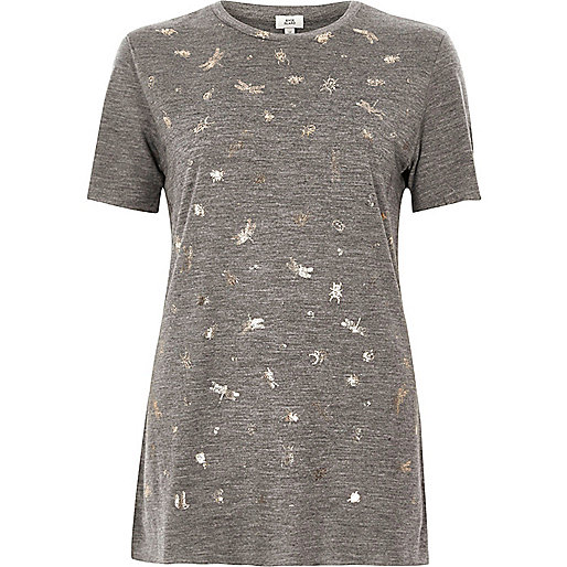 river island white sandals,jacques-vertuk London Grey foil bug print fitted T-shirt women 709997