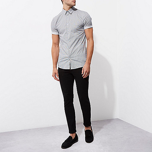 river island cream blouse,Two Piece Outfits jacques-vertuk Grey geo muscle fit short sleeve shirt Short Sleeve Shirts Shirts men