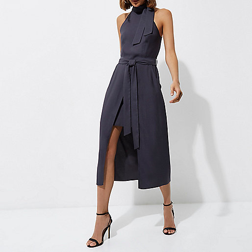 river island caroline flack dress,jacques-vertuk Brand Grey high neck tie waist midi dress Swing Dresses Dresses women