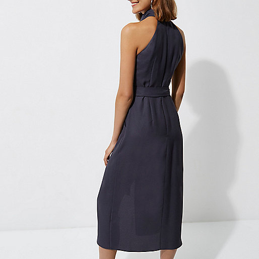 river island caroline flack dress,jacques-vertuk Brand Grey high neck tie waist midi dress Swing Dresses Dresses women