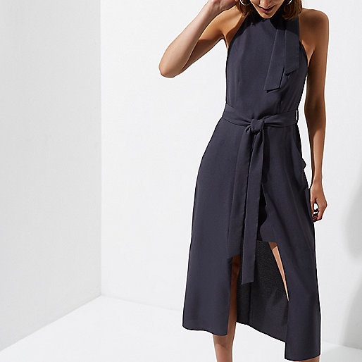 river island caroline flack dress,jacques-vertuk Brand Grey high neck tie waist midi dress Swing Dresses Dresses women