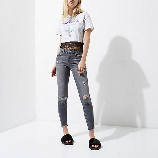 river island jeans grey,White Kimono jacques-vertuk Grey 'Infinite' band print lace hem T-shirt Tops Sale women