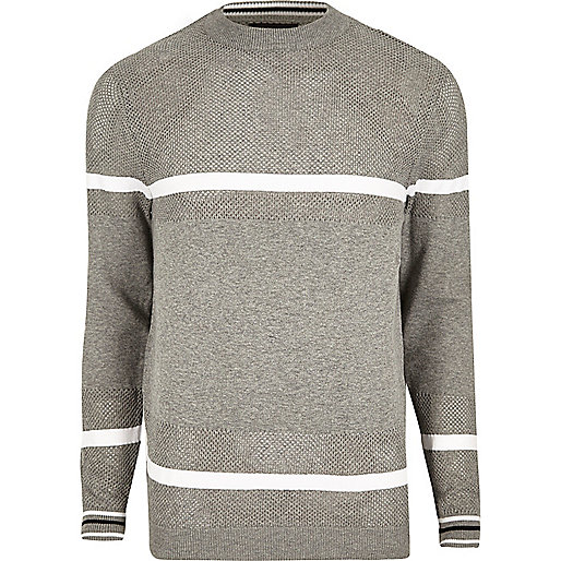 river island cropped jeans,jacques-vertuk Shop Grey knit mesh panel stripe sweater men 299626