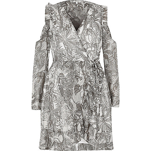 river island white shift dress,Stockists Of jacques-vertuk Clothes Grey leaf print cold shoulder wrap dress Seasonal Offers Sale women