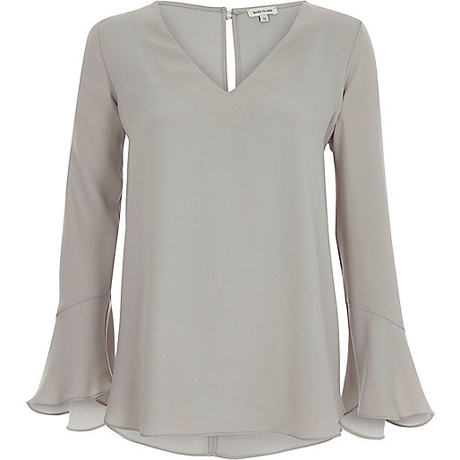 jacques-vertuk Grey long bell sleeve frill back top 710908 women Tops Blouses