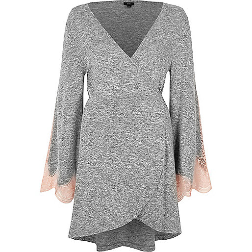 jacques-vertuk Grey marl jersey lace sleeve wrap robe 706771 women Nightwear & Slippers Pyjamas & Loungewear