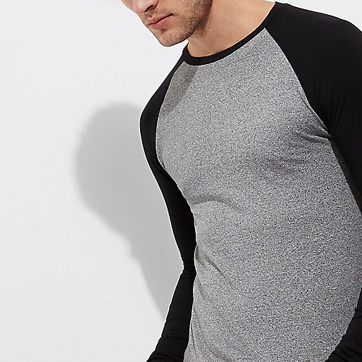 www riverisland com sale,jacques-vertuk Camel Top Grey marl muscle fit raglan sleeve T-shirt Long Sleeve T-Shirts T-Shirts / Tanks men