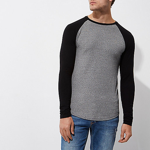 www riverisland com sale,jacques-vertuk Camel Top Grey marl muscle fit raglan sleeve T-shirt Long Sleeve T-Shirts T-Shirts / Tanks men