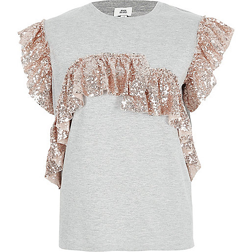 jacques-vertuk Grey metallic sequin frill T-shirt 708066 women Tops T-Shirts & Vests Plain T-Shirts / Vests