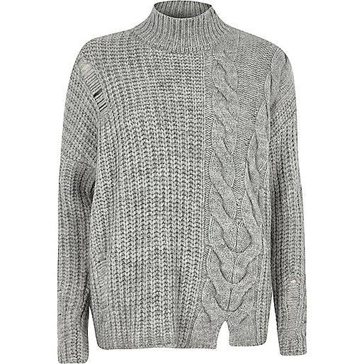 river island pink double breasted coat,Ver Island Grey mixed cable knit high neck sweater Sweaters Knitwear women