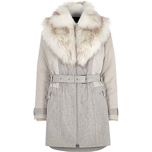 jacques-vertuk Grey padded and wool belted fur collar coat 703575 women Coats / Jackets Jackets